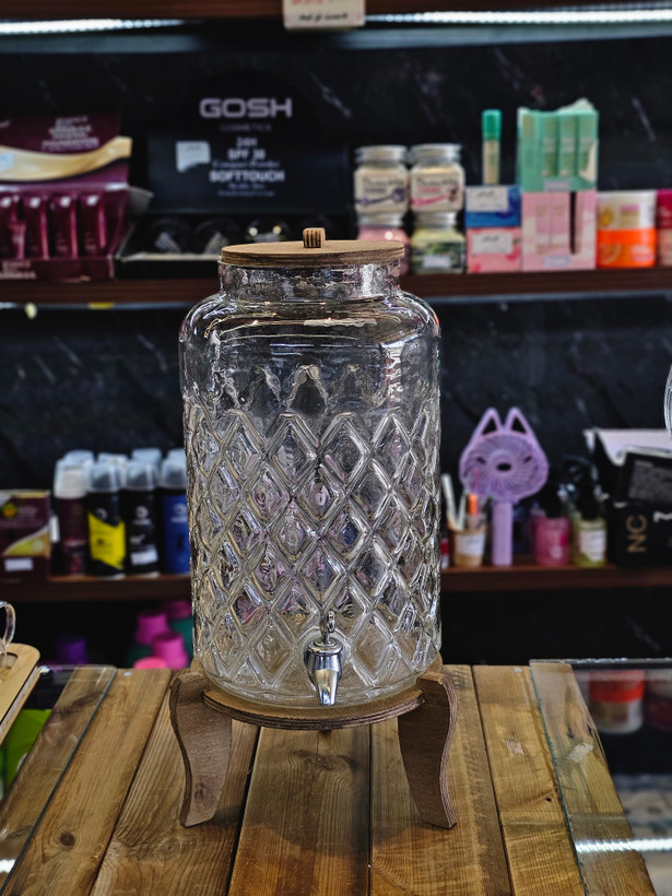 کلمن شیشه ای پایه دار چوبی