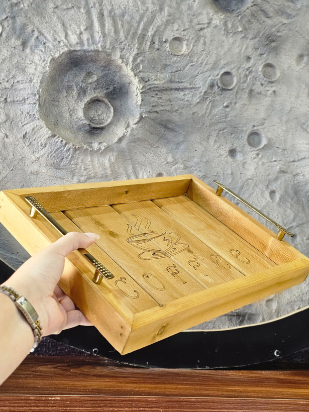 سینی چوبی دسته فلزی طرح کافی